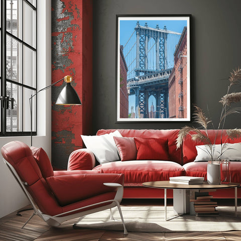 The iconic view of the blue Manhattan Bridge framed by historic brick buildings on Washington Street in Dumbo, Brooklyn.