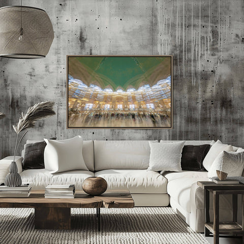 Abstract multi-exposure photo of Grand Central Terminal interior with the green zodiac ceiling and blurred commuters in motion by Richard Silver.