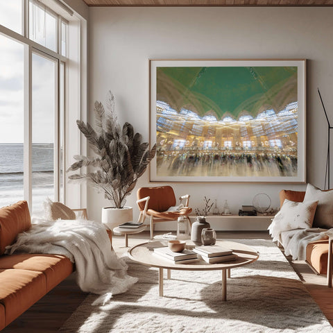 Abstract multi-exposure photo of Grand Central Terminal interior with the green zodiac ceiling and blurred commuters in motion by Richard Silver.