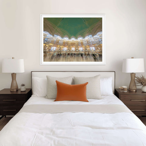 Abstract multi-exposure photo of Grand Central Terminal interior with the green zodiac ceiling and blurred commuters in motion by Richard Silver.