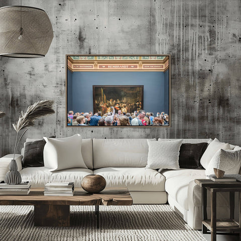 Interior photography of the Gallery of Honour at the Rijksmuseum in Amsterdam, featuring masterpieces by Rembrandt and other Dutch artists.