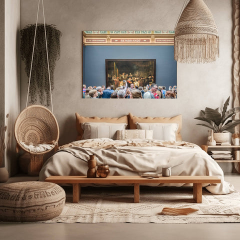 Interior photography of the Gallery of Honour at the Rijksmuseum in Amsterdam, featuring masterpieces by Rembrandt and other Dutch artists.