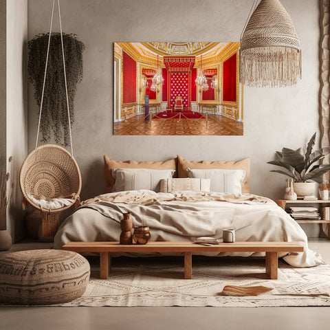 Interior photography of a lavishly decorated room in the Ajuda National Palace, Lisbon, featuring neoclassical furniture, silk walls, and crystal chandeliers.