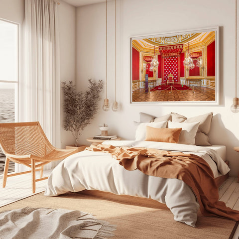 A luxurious interior photograph of a red-walled royal room in the Royal Castle of Warsaw, featuring gold molding and regal furnishings.