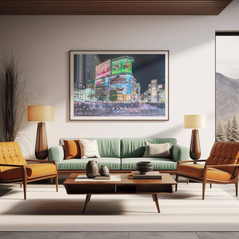 A long-exposure night shot of Shibuya Crossing in Tokyo, showing the blur of thousands of pedestrians crossing under massive neon billboards.
