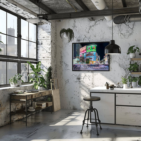 A long-exposure night shot of Shibuya Crossing in Tokyo, showing the blur of thousands of pedestrians crossing under massive neon billboards.