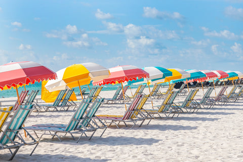 South Beach Miami Colorful Umbrellas. Framed acrylic photo or unframed photograph for sale, free shipping in the USA.