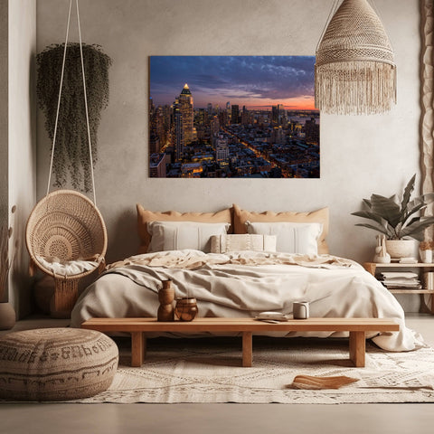 A rooftop sunset view of the West Side of Manhattan, looking toward the Hudson River and New Jersey.