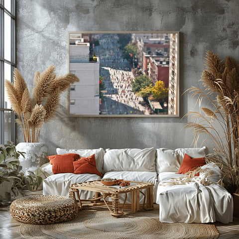 Tilt shift photography of the New York City Marathon, showing thousands of tiny-looking runners passing through the city streets