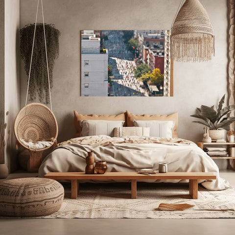 Tilt shift photography of the New York City Marathon, showing thousands of tiny-looking runners passing through the city streets