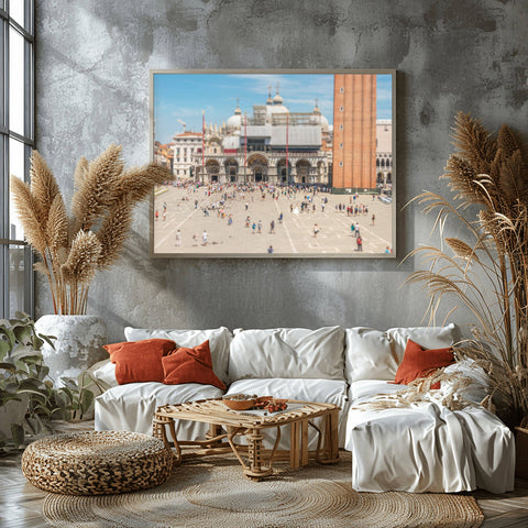 Tilt shift view of St. Mark's Square in Venice, Italy, showing the basilica and pigeons as part of a tiny model world.