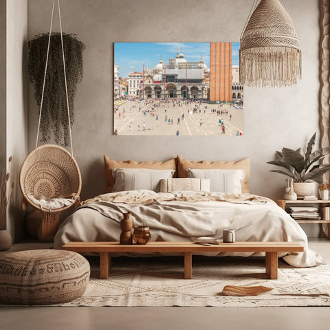 Tilt shift view of St. Mark's Square in Venice, Italy, showing the basilica and pigeons as part of a tiny model world.