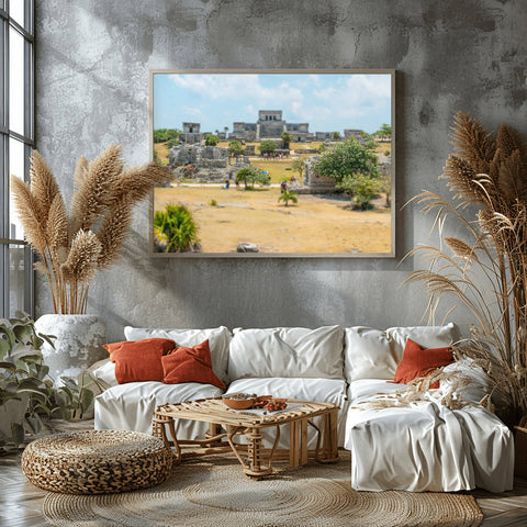 Tilt shift photography of the Tulum Mayan ruins on the coast of Mexico, making the ancient stone structures and turquoise sea look like a miniature model.