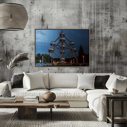 A Time Slice photograph of the Atomium in Brussels, Belgium, showing the transition from daylight to evening across its metallic spheres.