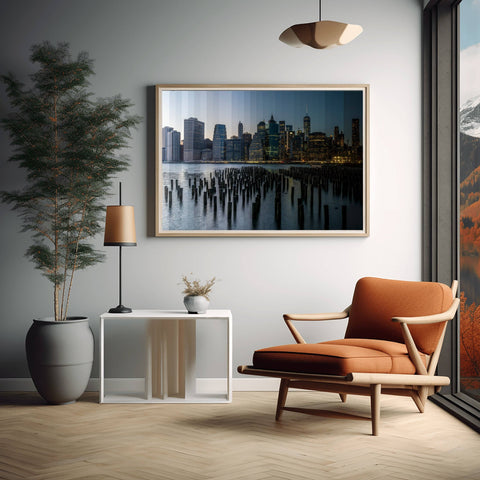 A Time Slice photograph of the Downtown Manhattan skyline and One World Trade Center, showing the day-to-night transition across 36 vertical slices.