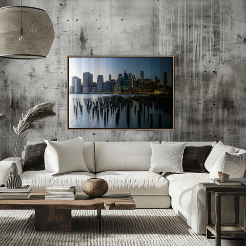 A Time Slice photograph of the Downtown Manhattan skyline and One World Trade Center, showing the day-to-night transition across 36 vertical slices.