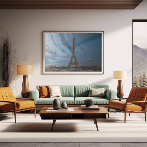 A Time Slice photograph of the Eiffel Tower in Paris, France, showing the sky transitioning from golden hour to the tower's evening illumination.