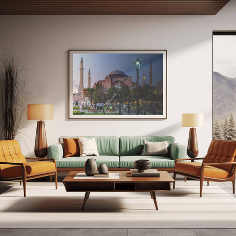 A Time Slice photograph of the Hagia Sophia in Istanbul, Turkey, showing the domes and minarets transitioning from day to night.