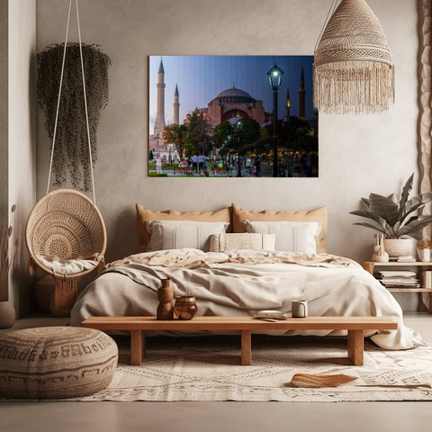 A Time Slice photograph of the Hagia Sophia in Istanbul, Turkey, showing the domes and minarets transitioning from day to night.