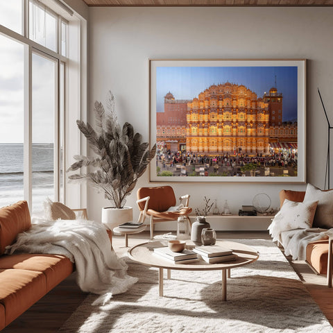 Hawa Mahal Jaipur India Time Slice print featuring the pink sandstone palace transitioning at sunset by Richard Silver Photo.