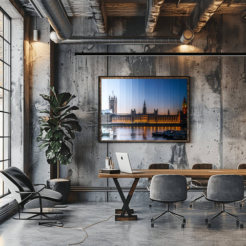 A Time Slice photograph of the London skyline and River Thames, transitioning from sunset to the evening city lights.