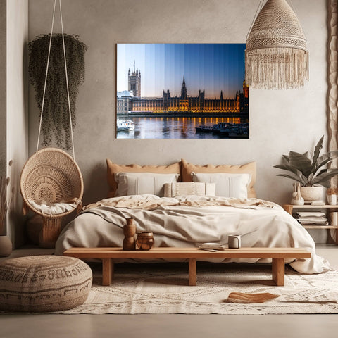 A Time Slice photograph of the London skyline and River Thames, transitioning from sunset to the evening city lights.
