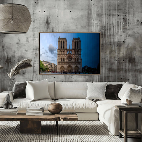 A Time Slice photograph of Notre Dame Cathedral in Paris, showing the facade transitioning from day to night.