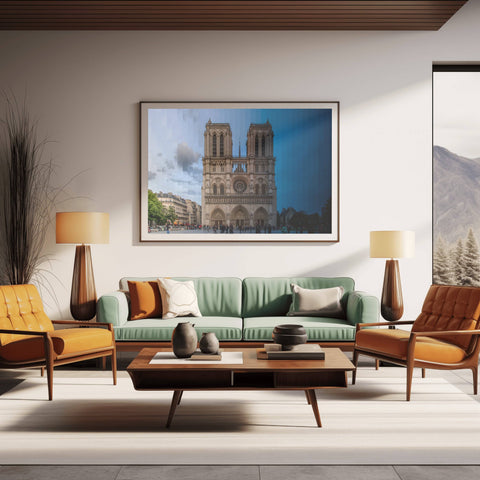 A Time Slice photograph of Notre Dame Cathedral in Paris, showing the facade transitioning from day to night.