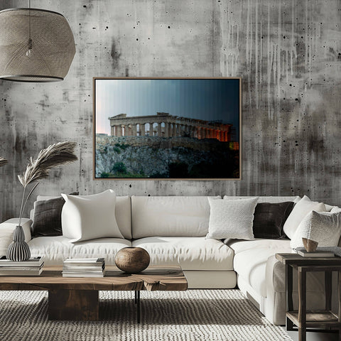 A Time Slice photograph of the Parthenon at the Acropolis in Athens, Greece, transitioning from golden hour to night.
