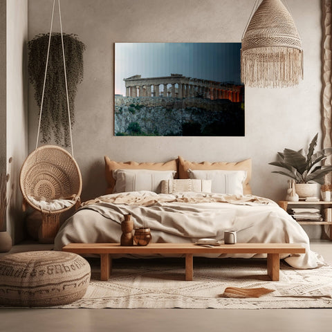 A Time Slice photograph of the Parthenon at the Acropolis in Athens, Greece, transitioning from golden hour to night.