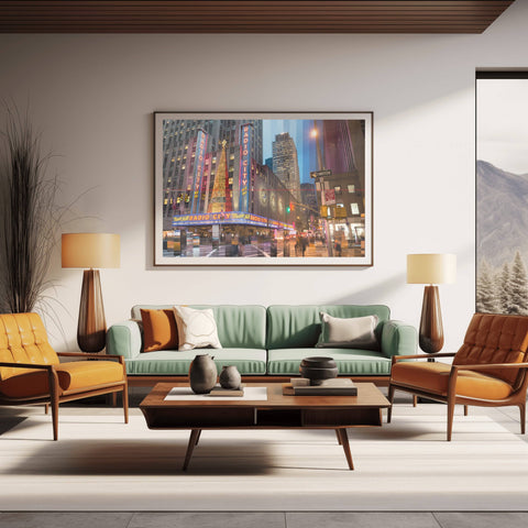 A Time Slice photograph of Radio City Music Hall in New York City, showing the Art Deco marquee and neon signs transitioning from day to night.