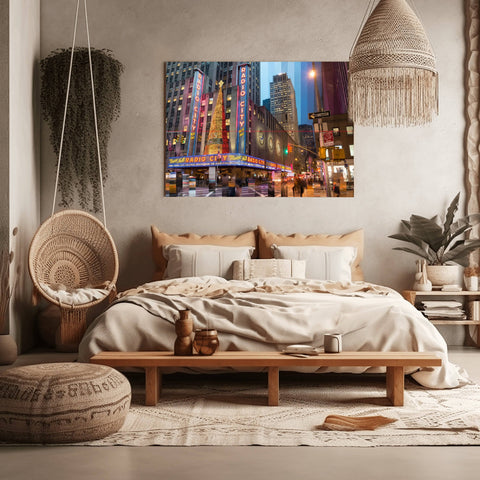 A Time Slice photograph of Radio City Music Hall in New York City, showing the Art Deco marquee and neon signs transitioning from day to night.