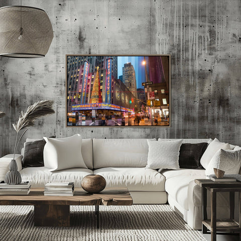 A Time Slice photograph of Radio City Music Hall in New York City, showing the Art Deco marquee and neon signs transitioning from day to night.