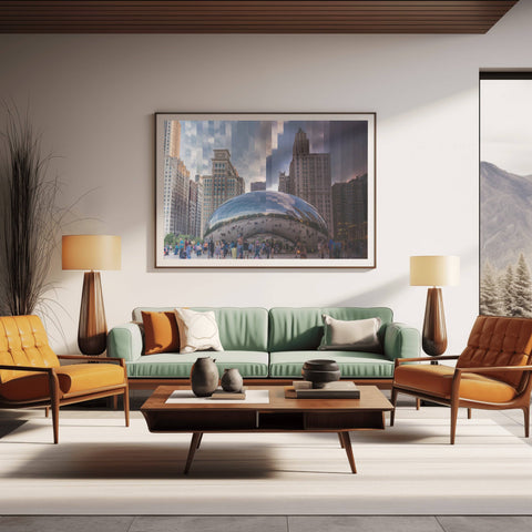 A Time Slice photograph of Cloud Gate (The Bean) in Chicago, showing the metallic surface reflecting the sky and skyline from day to night.