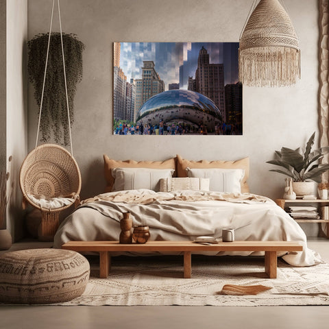 A Time Slice photograph of Cloud Gate (The Bean) in Chicago, showing the metallic surface reflecting the sky and skyline from day to night.