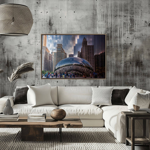 A Time Slice photograph of Cloud Gate (The Bean) in Chicago, showing the metallic surface reflecting the sky and skyline from day to night.