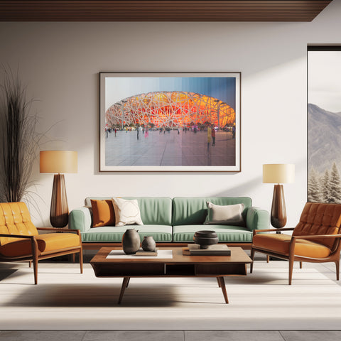 Time Slice Birds Nest Beijing, China. Framed acrylic photograph, unframed photo for sale with free shipping in the US