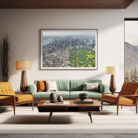 Central Park by Helicopter, New York City. Framed acrylic photo, unframed photo for sale with free shipping in the US
