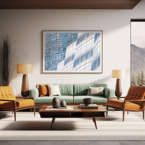 Chelsea Glass Buildings, New York. Framed acrylic photo, unframed photo for sale with free shipping in the USA
