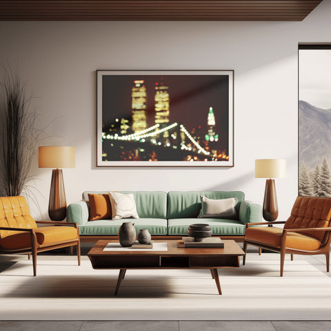 Twin Towers Blur of Downtown New York, 1990's.Framed acrylic photo, unframed photo for sale and free shipping in the US