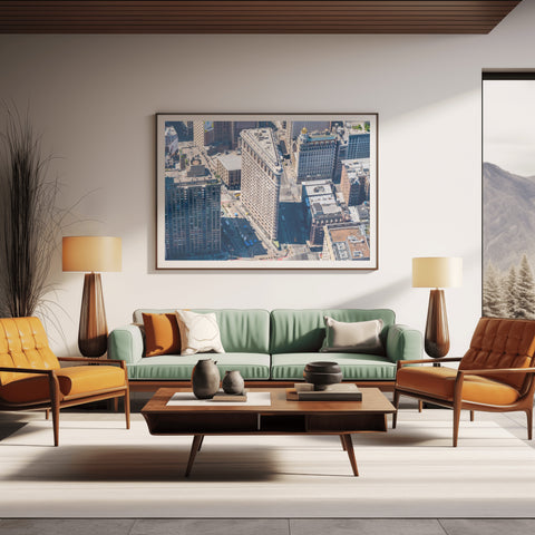 Flatiron Building from Above, in Helicopter. Framed acrylic photo, unframed photo for sale and free shipping in the US