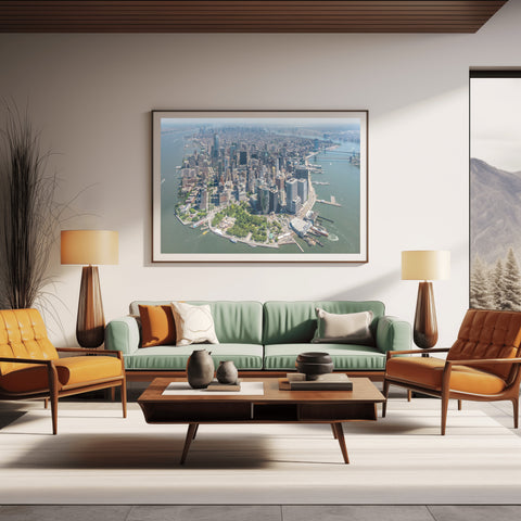 Downtown New York City by Helicopter. Framed acrylic photo, unframed photo for sale, free shipping in the US