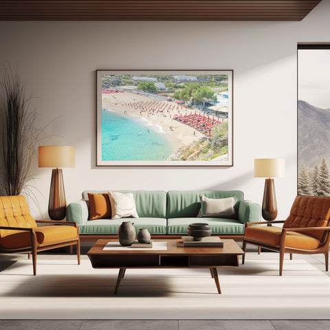 Tilt Shift Super Paradise Beach, Mykonos, Greece. Framed acrylic photograph, unframed photos for sale, free shipping in US