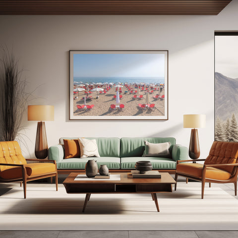 Kontogialos Beach White Umbrellas, Corfu, Greece. Framed acrylic photo, unframed photograph for sale with free shipping in the US