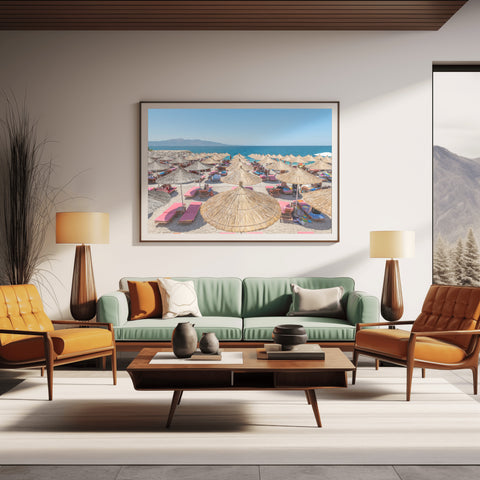 Mango Beach Bamboo Umbrellas in Sarande, Albania. Framed acrylic photo, unframed photo for sale, free shipping in the US