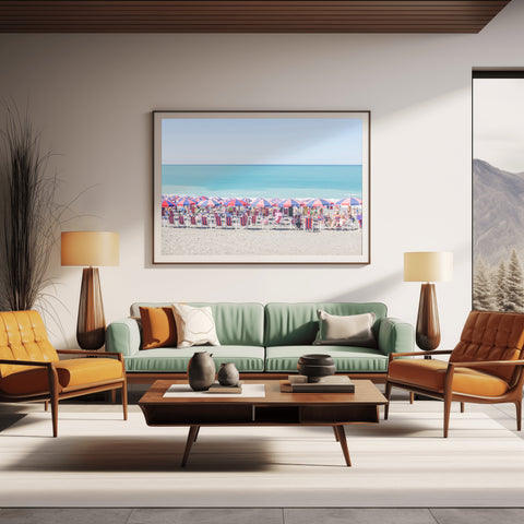 Paolo Red and Blue Beach Umbrellas, Calabria, Italy. Framed acrylic photo, unframed photo for sale, free shipping in the US