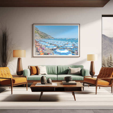 Positano Beach Umbrellas. Framed acrylic photo or unframed photograph for sale with free shipping in the US