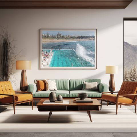 Waves Splashing on Iceberg Club, Bondi Beach. Framed acrylic photo, unframed photograph for sale and free shipping  in US