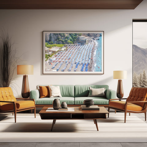 Umbrellas on Amalfi Beach. Framed acrylic photo, unframed photograph for sale with free shipping in the US