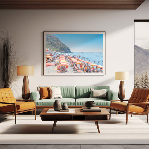 Spiaggia dei Maronti Orange Umbrellas, Italy. Framed acrylic photo or unframed photograph for sale, free shipping in the US.